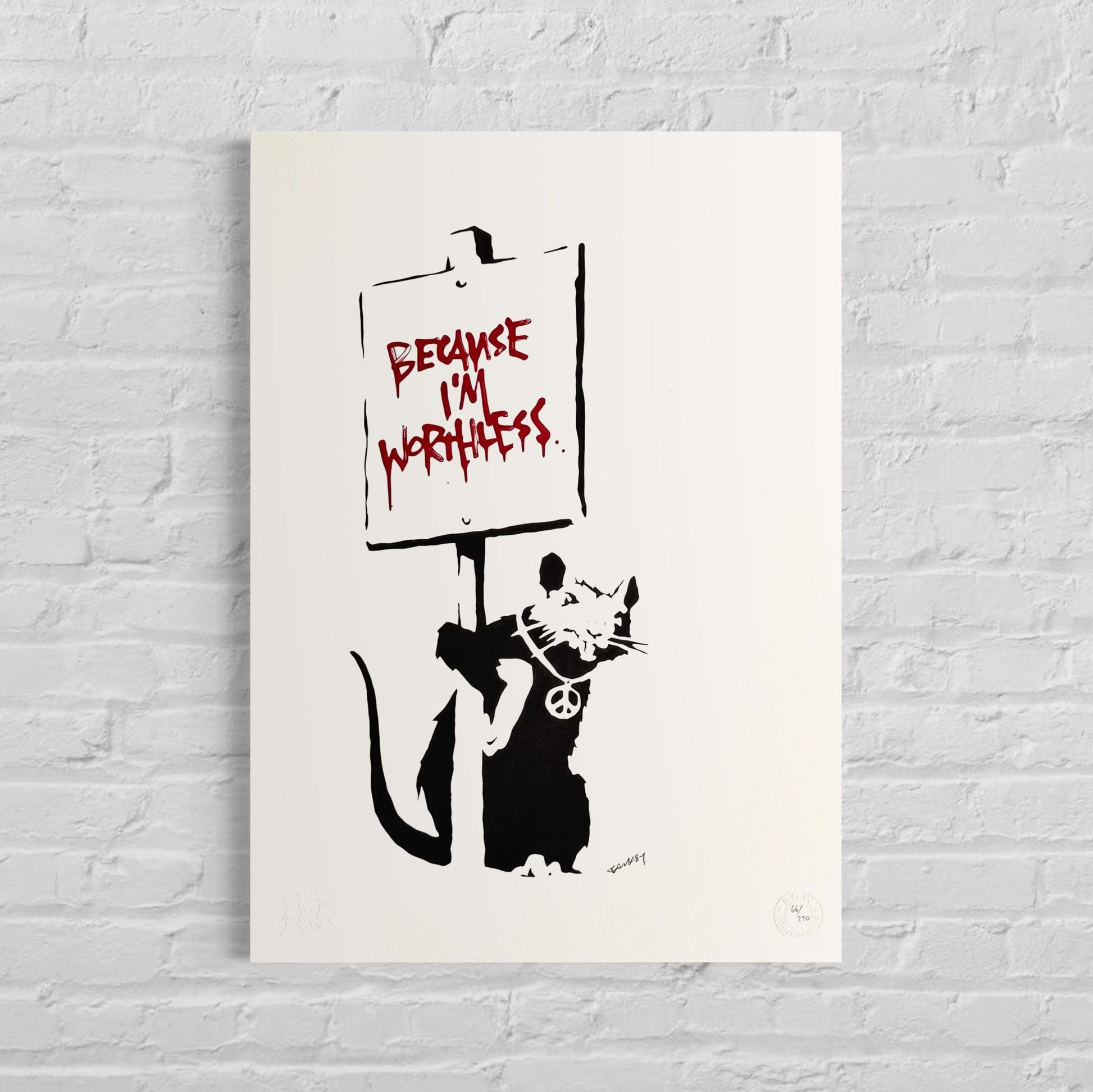 Genummerde editie BANKSY Because I'm Worthless Gesigneerd - certificaat - Wall Art, Grafitti Art, Lithograph, Stencil Art