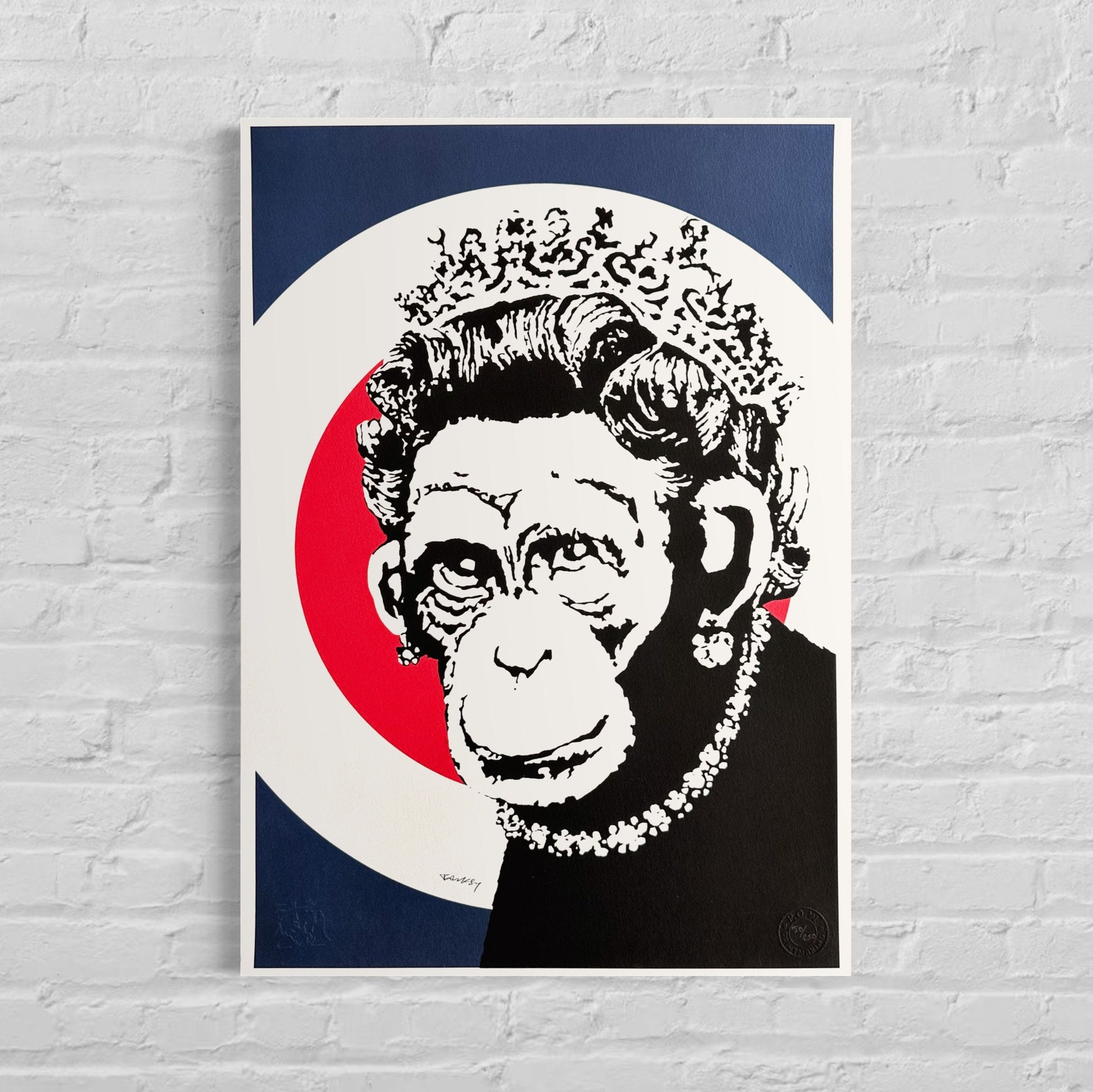 Genummerde editie BANKSY Queen Monkey Gesigneerd - certificaat - Wall Art, Grafitti Art, Lithograph, Stencil Art