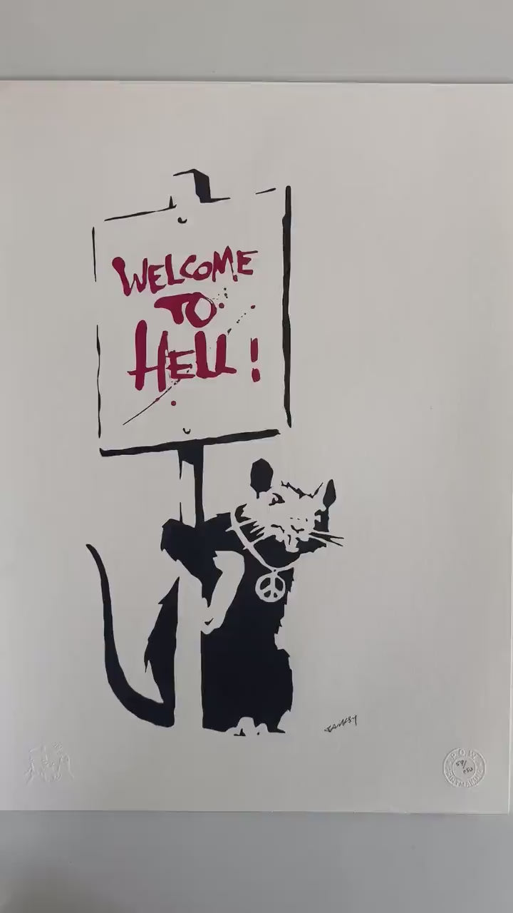 BANKSY  Welcome To Hell Gesigneerd - certificaat - Banksy Grafitti Art, Banksy Wall Art, Banksy Lithograph, Banksy Gift, Banksy Stencil Art