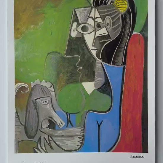 Genummerde editie Pablo Picasso,''Jaqueline zit met Kaboel. 1962- - Certificaat - stempel Museu Picasso - - lithograph