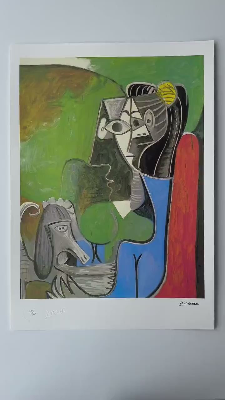 Genummerde editie Pablo Picasso,''Jaqueline zit met Kaboel. 1962- - Certificaat - stempel Museu Picasso - - lithograph