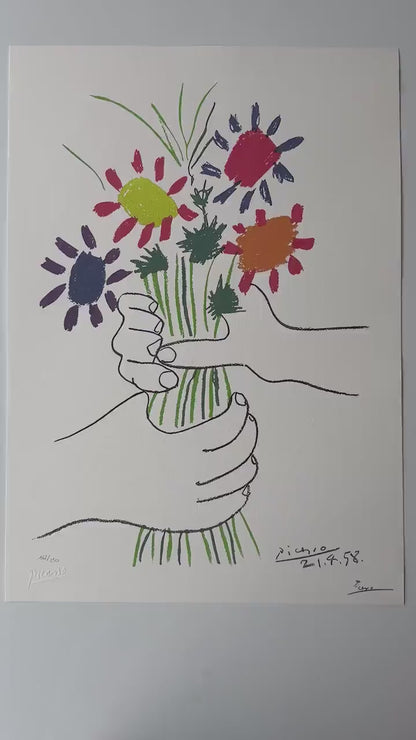 Pablo Picasso, The Flowers of Peace, 1958 - Gesigneerd - Certificaat - stamp Museu Picasso - Arches paper- lithograph